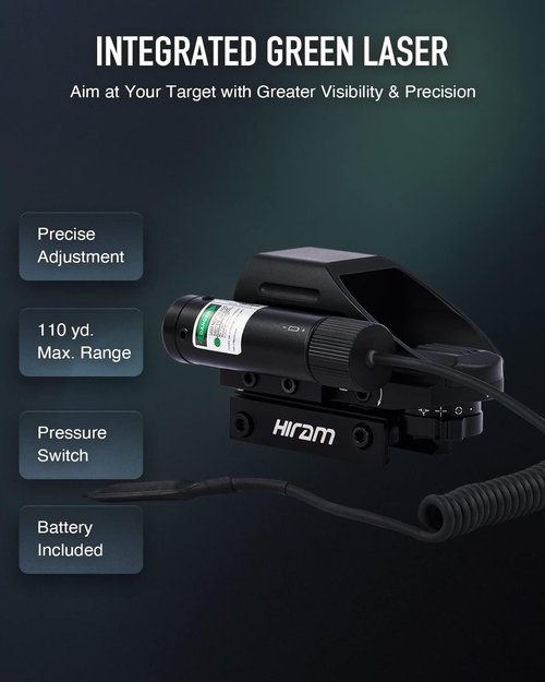 Hiram Holographic Reflex Scope Sight - 1x22x33 with 4 Reticles & Laser in Red/Green Dot