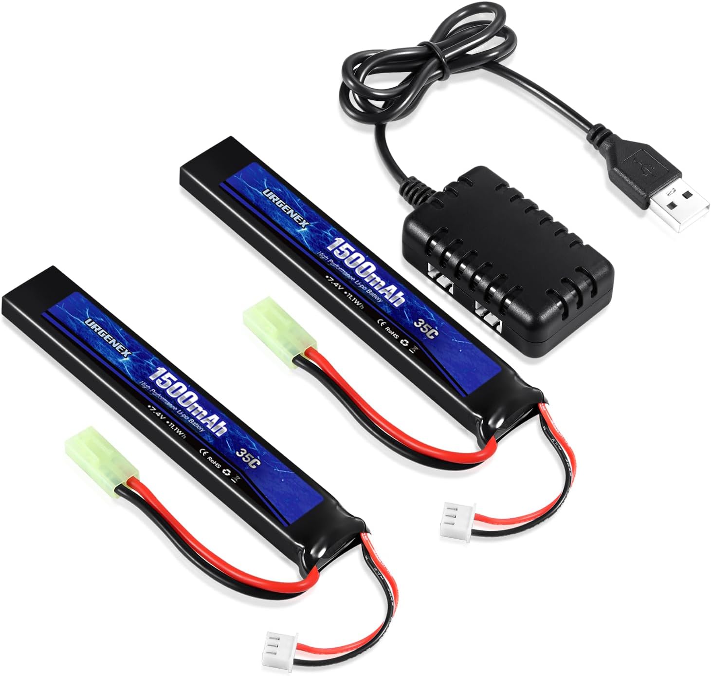 URGENEX 7.4V 1500mAh 35C Lipo Battery Pack - High Discharge Rate with Mini Tamiya Plug & USB Charger