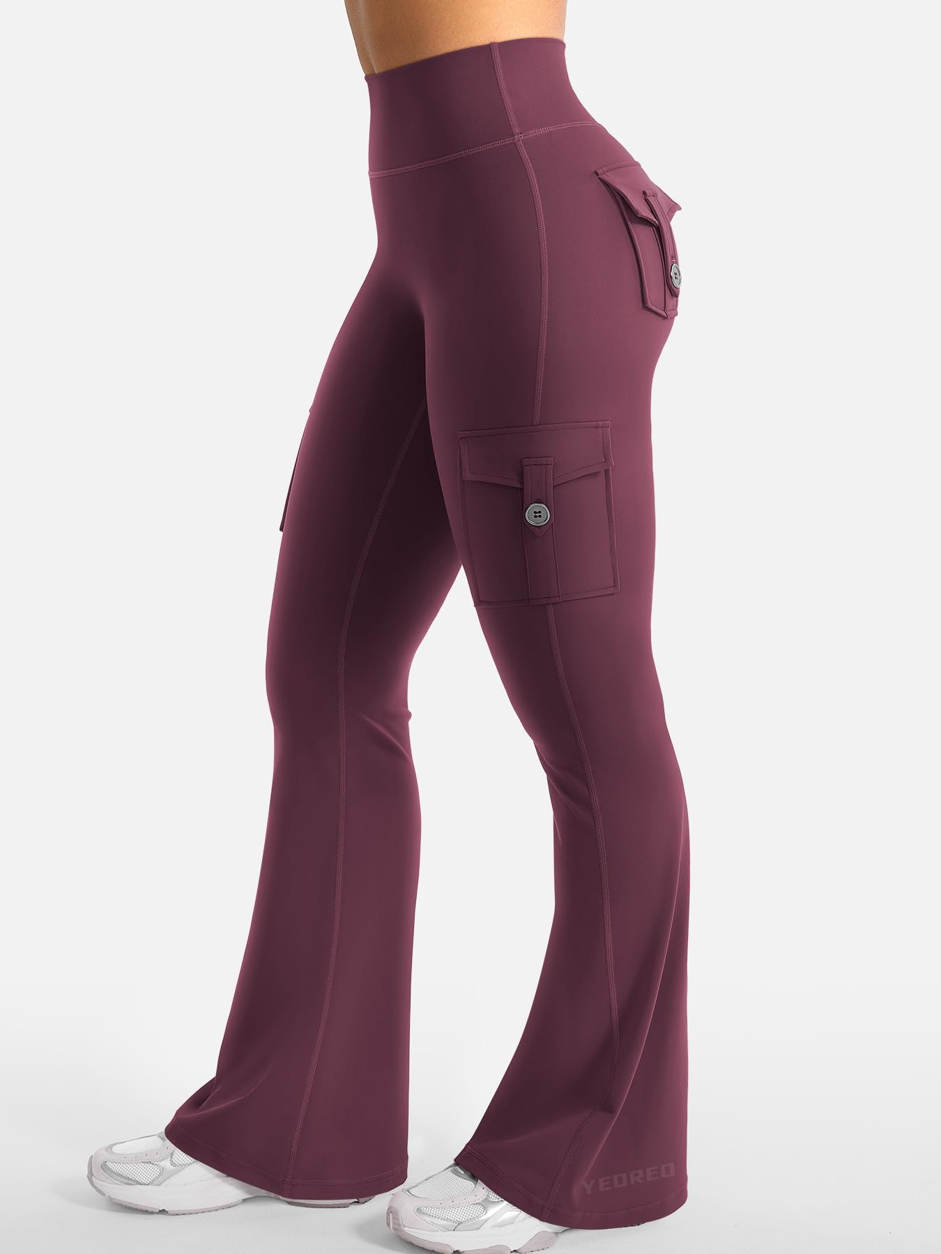 YEOREO CoreFlex Women Workout Flare Leggings with Pockets Hidden Scrunch Cargo Gym Yoga No Front Seam Leggings Black Cherry S