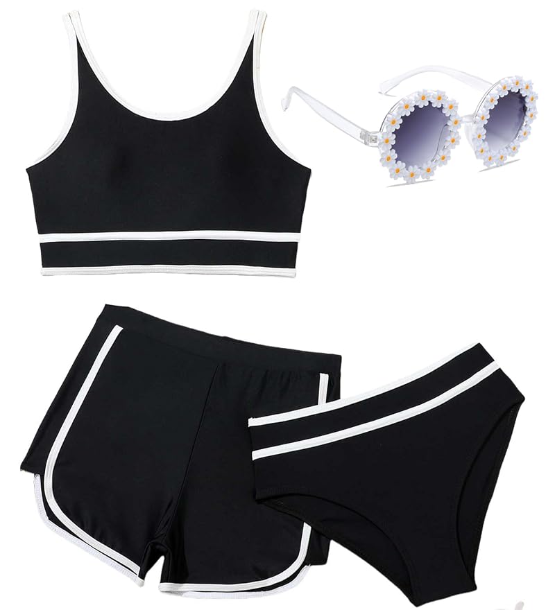 Girls 3-Piece Bathing Suit Set with Shorts & Daisy Sunglasses - Black, 12-13 Years (Magwei)
