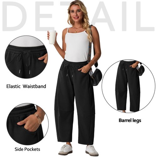 Lepunuo Barrel Sweatpants Women Casual Baggy Elastic Waisted Pants Wide Leg Gym Trousers with Pockets Black