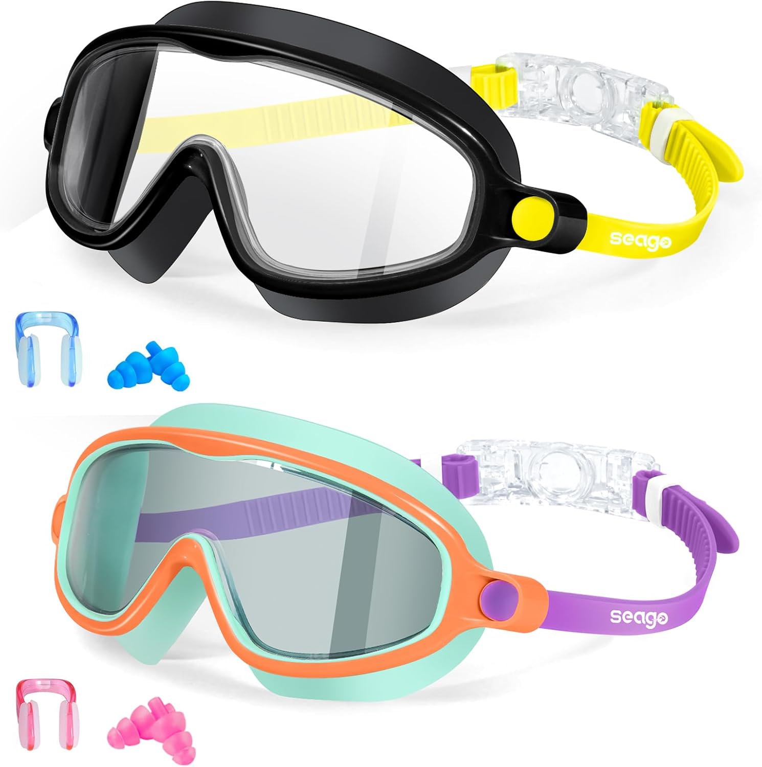 Seago Swim Goggles - 2 Pack Anti-Fog & UV Protection | Wide View for Kids Ages 3-14
