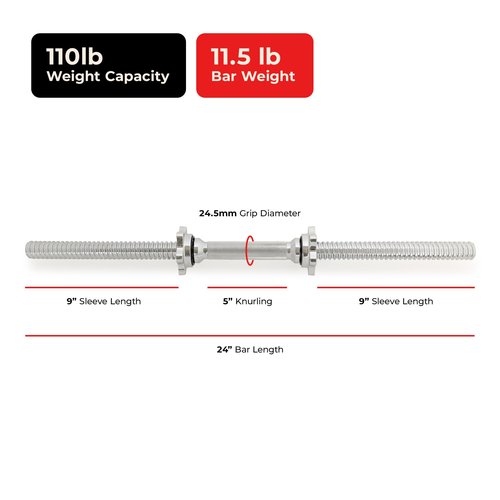 Sunny Health & Fitness 24" Standard Threaded Dumbbell Handle with Star-Lock Collars – Solid Steel, Fits 1" Plates, Knurled Grip, Chrome Finish - SF-SB01-24