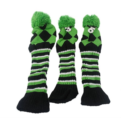 HIFROM 3pcs/Set Golf Club Argyle Knit Head Covers Headcovers Vintange Pom Pom Sock Covers 1-3-5 Replacement for Driver & Woods Green & Black