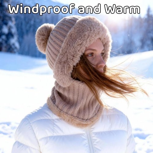 3-in-1 Beanie Hat with Scarf and Mask for Women, Upgraded Winter Warm Knitted Ski Set for Cold Weather Protection Khaki