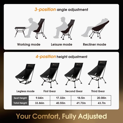 MOON LENCE High Back Folding Camping Chairs, Height-Adjustable, Widened Seat, for Beach with Anti-Sinking Feet
