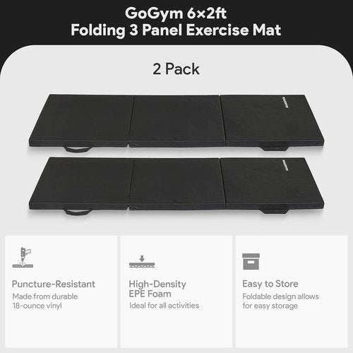 BalanceFrom 3-Panel Folding Gymnastics Mat - 2-Inch Thick, 6x2 Feet, Black with Carrying Handles for Home Workouts