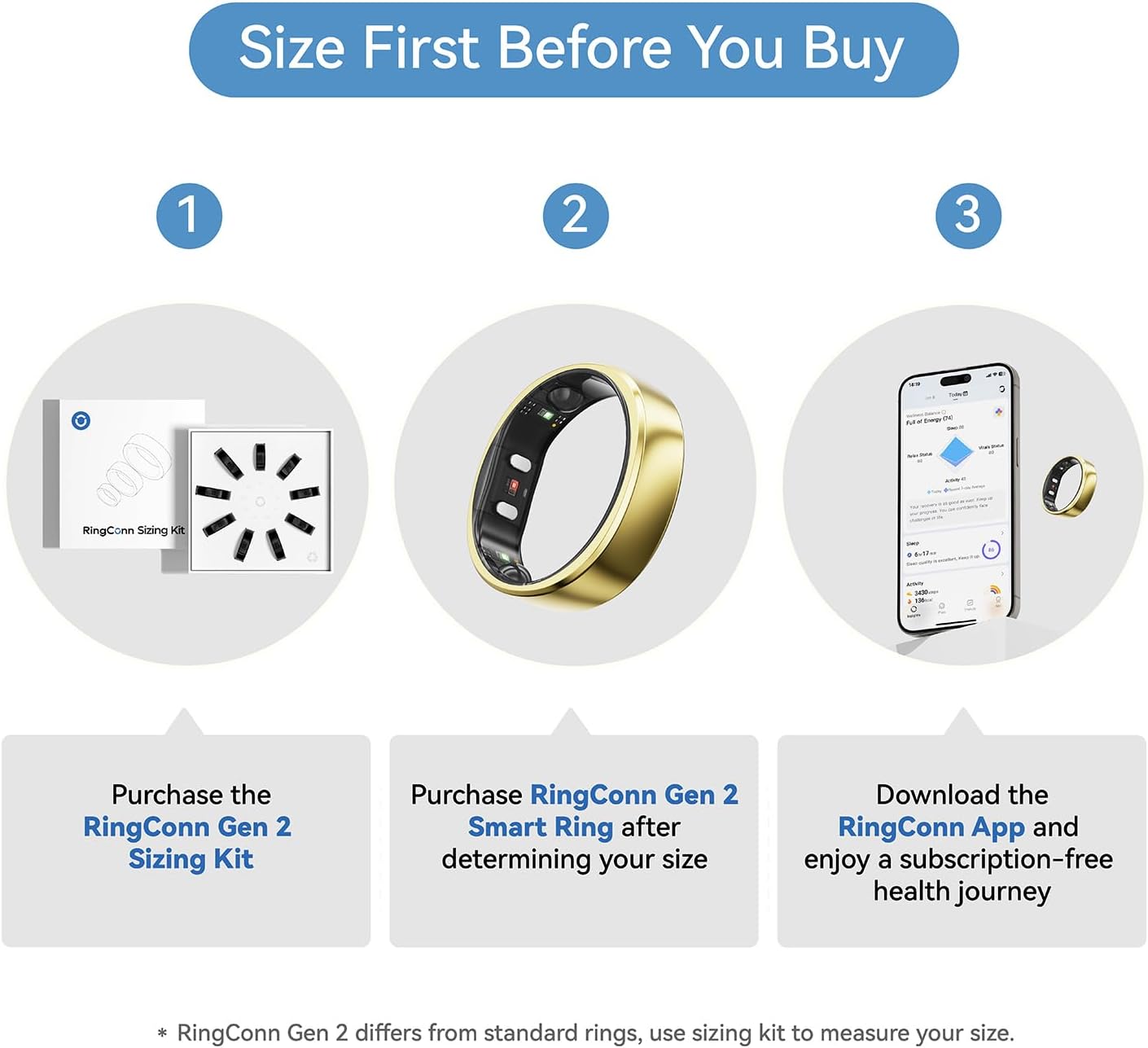 RingConn Gen 2 Smart Ring - Sleep Apnea Monitoring, 12-Day Battery Life | Heart Rate & Stress Tracker (Gold, Size 10)
