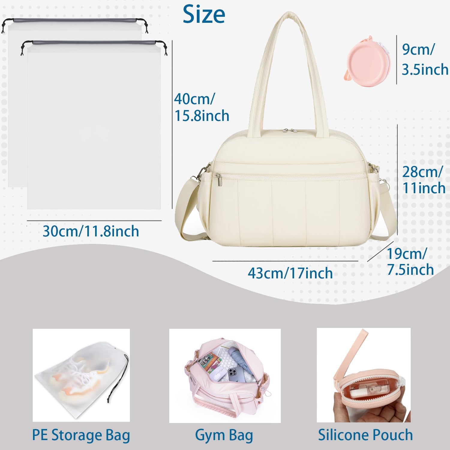 Small Gym Bag for Women, Mini Travel Duffle Bag with Shoe Bags and Coin Pouch, Carry on Weekender Bag, Portable Overnight Bag for Yoga, Pilates, Swimming, Off White