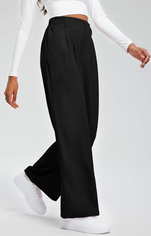 Libin Women's Wide Leg Pants - High Waisted Waffle Knit Casual Trousers with Pockets | 27"/29" Sizes