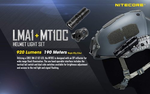 Nitecore MT10C 920 Lumen ARC Rail Tactical Helmet Light, Rechargeable and Rotary with Red Light