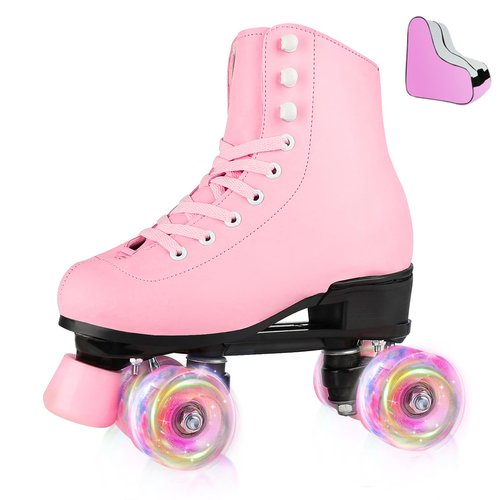 HALOSK Outdoor Roller Skates for Women Girls Boys and Youth, Pink Derby Quad Rollerskates with Light up Wheels, High-top Leather Suitable for Indoor Outdoor Size US 8