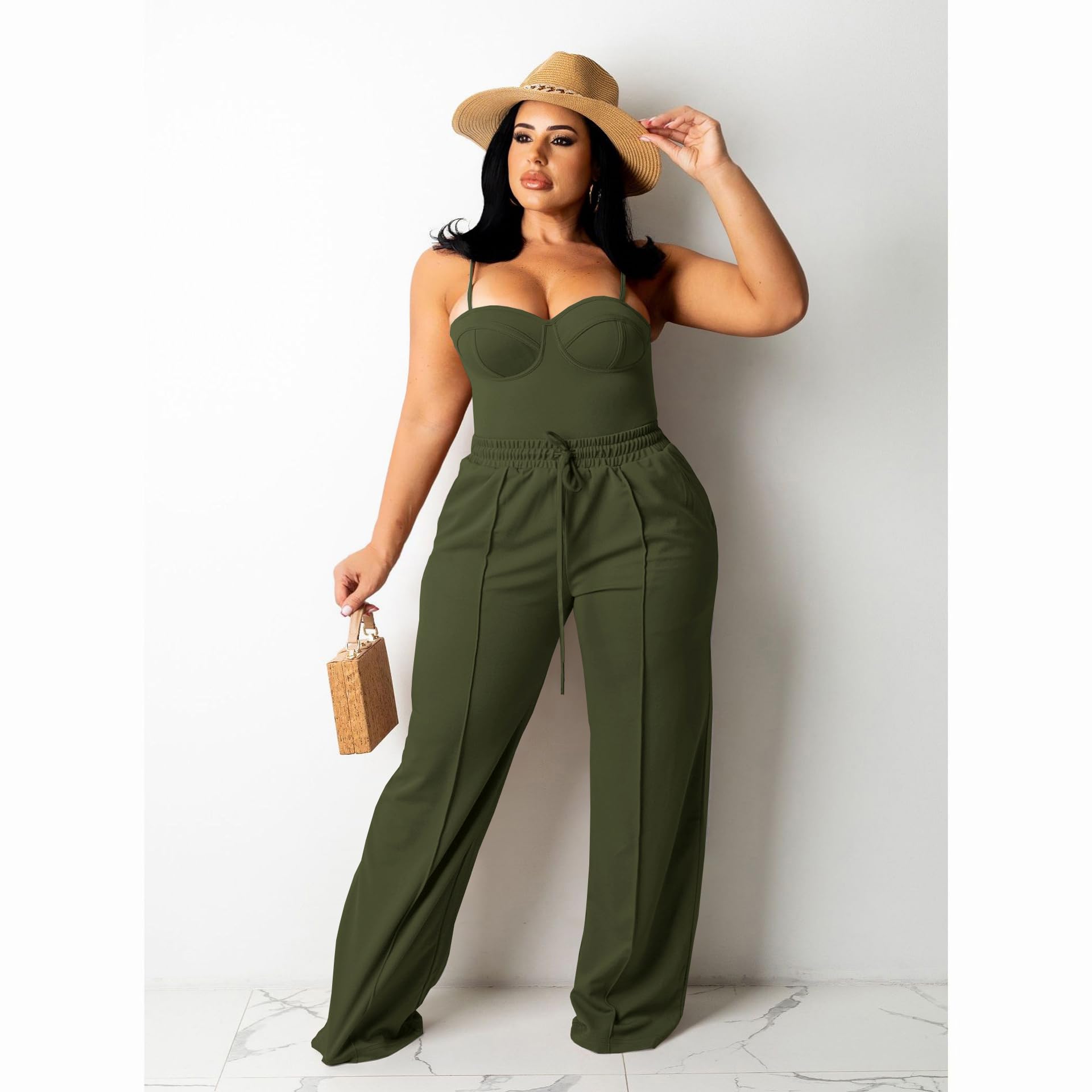 Tycorwd Women's Plus Size Casual Wide Leg Pants High Waisted Drawstring Baggy Sweatpants Elastic Straight Leg Lounge Pants with Pockets Army Green 4XL