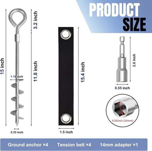 Eurmax USA Heavy-Duty Trampoline Stakes | 4-Pack Outdoor Tent Anchor Kit with Straps - Silver