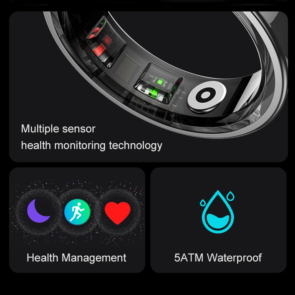 SM SEVENMORE Curved Design Smart Ring Fitness Tracker, Gesture Remote Control Activity Sport Record Sleep Quality Heart Rate SpO2 Skin Temperature Monitoring (Black, #9)
