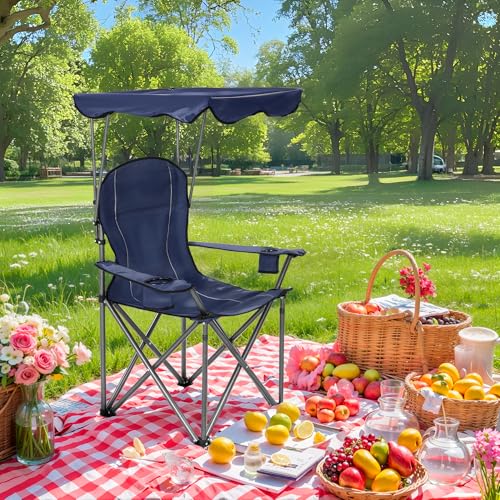 Heavy Duty Camping Chair with Canopy - Navy Blue 2-Pack, Adjustable Sunshade