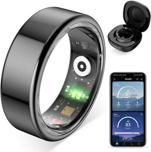 COLMI R02 Smart Ring - Heart Rate & Sleep Monitoring | Charging Case Included, Black, Size 7