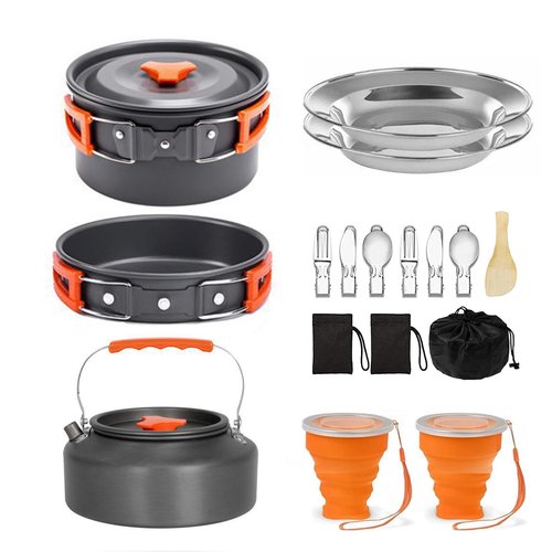 Camping Cookware Camping Cooking Set, Non-Stick Hard-Anodized Aluminum Pot & Pan with Kettle, 2 Forks Knives Spoons, 2 Plates & Folding Cups, Compact Backpacking Cookware for 2-3 People, Camping Gift