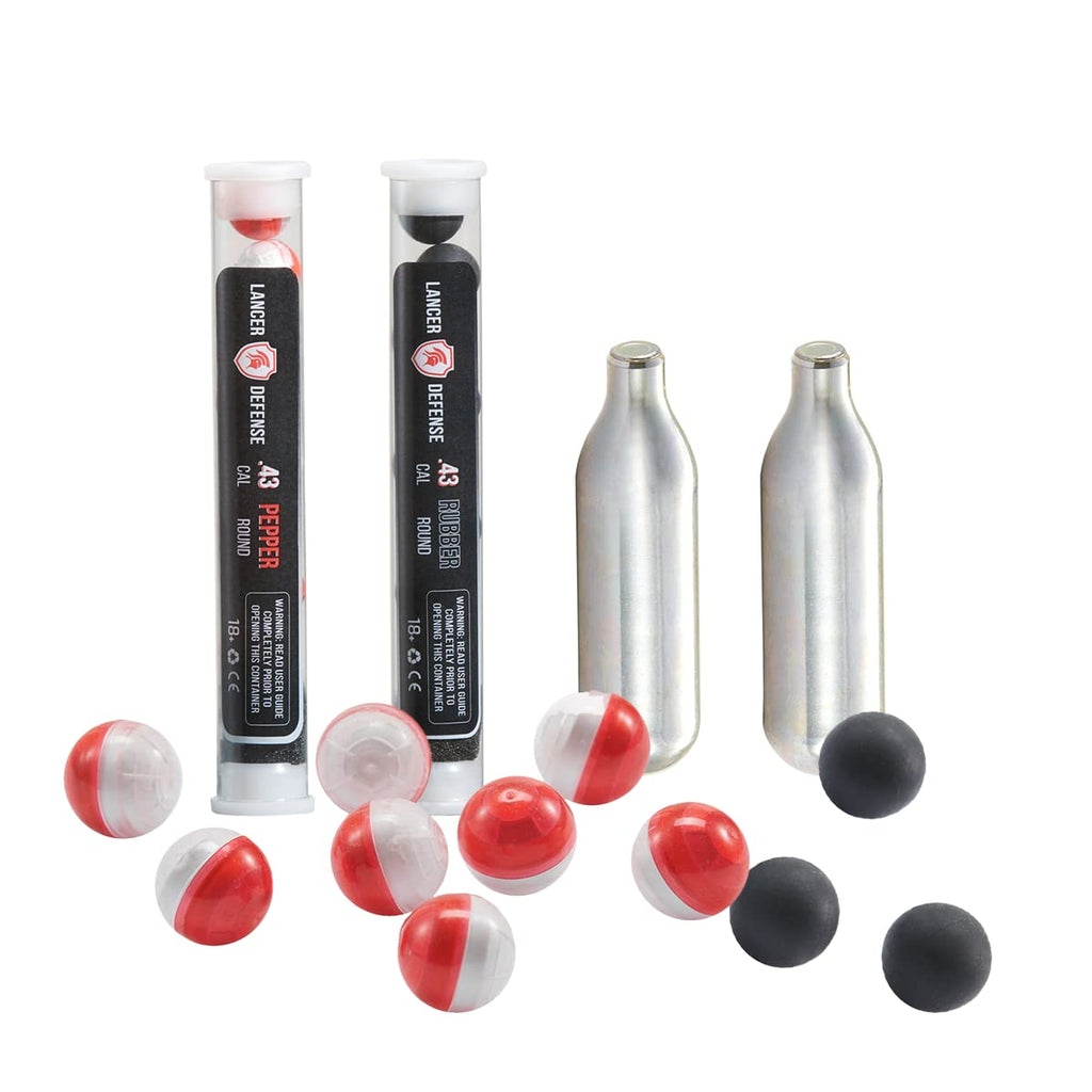 Lancer Tactical Defense Ball Bulk 0.43 Cal for Self Defense Includes Pack of 8 of Pepper Projectile, Rubber Ball & 2X 8 gram Cartridges（1 Count