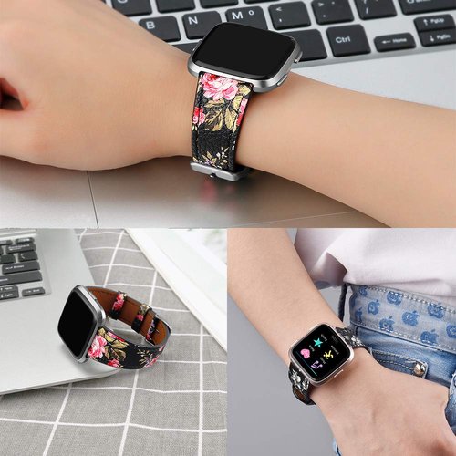 Dailatu Leather Bands for Fitbit Versa 2 Bands & Versa Bands & Versa Lite Wristbands, Adjustable Soft Classic Fitbit Versa SE Leather Replacement Strap for Women Men, black+brown+grey