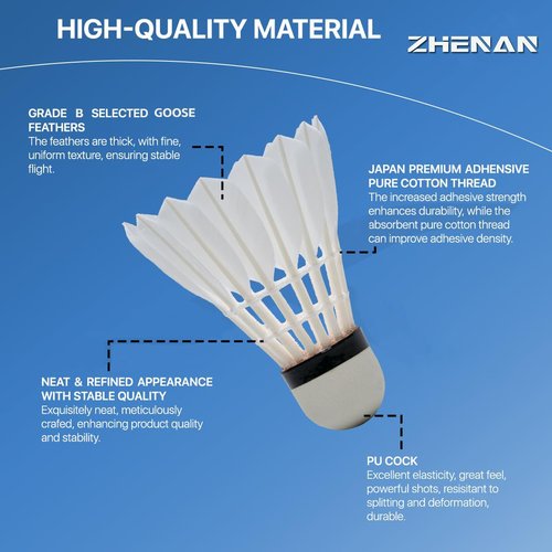 ZHENAN Goose Feather Badminton Shuttlecocks,12 Pack Feather Badminton Birdies-Hight Speed Training Birdie Ball for Indoor and Outdoor Matches,Highly Stable & Durable Shuttle Balls