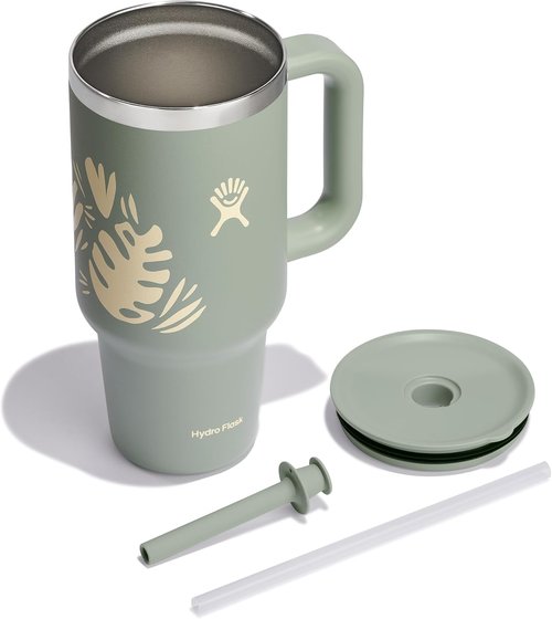 Hydro Flask Travel Tumbler - Insulated Stainless Steel with Handle & Straw | 32 Oz Botanical Bliss Green