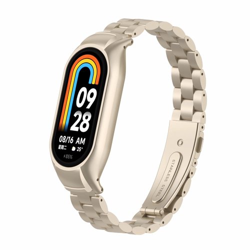 Frayollora Stainless Steel Watch Band Compatible with Xiaomi Mi Band 8, Modern Design, Starlight Color, 21mm Width, Waterproof, Lightweight, Casual Occasion, Tang Buckle Closure