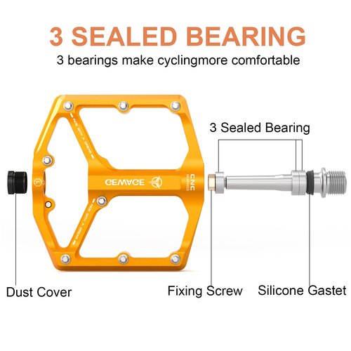 Road/Mountain Bike Pedals - 3 Bearings Bicycle Pedals - 9/16” CNC Machined Flat Pedals with Removable Anti-Skid Nails (Gold)