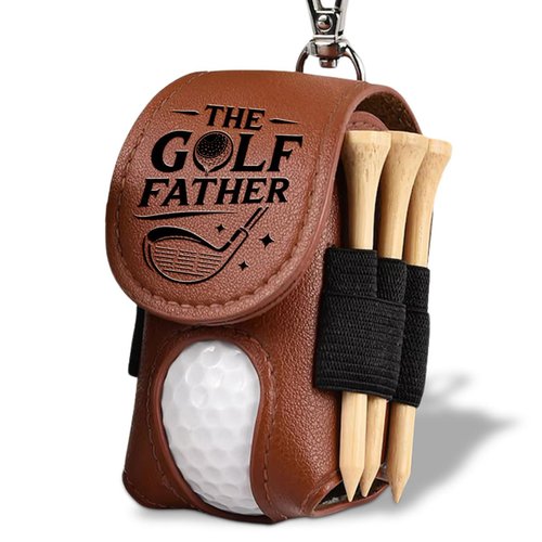 Wrappiness The Golf Father Brown Leather Golf Ball Bag - 2 Balls & 4 Tees, Magnetic Closure, Clip Attachment, Fun Gift for Golfers