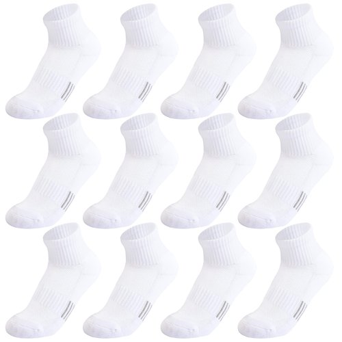 hakugoo Kids White Ankle Athletic Socks - 12 Pairs Cushioned Quarter Socks for Boys Girls, Breathable Mesh Cotton, 7-10 Years Youth (White, M)