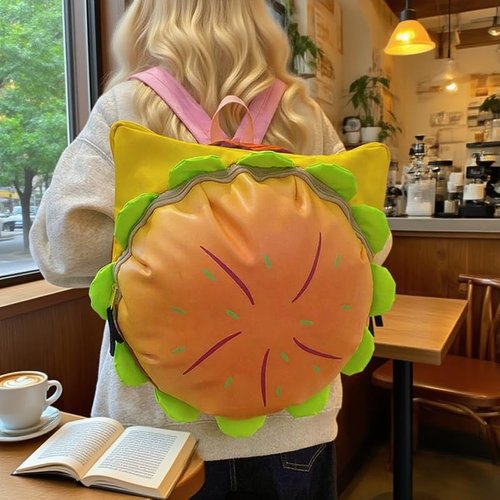 Qufoidium Cheeseburger Backpack, Hamburger Burger - Novelty Funny Yellow Casual Daypack, Cute Food-Shaped Gift for Burger Lovers, Quirky Present for Daily Use & Fun Outings