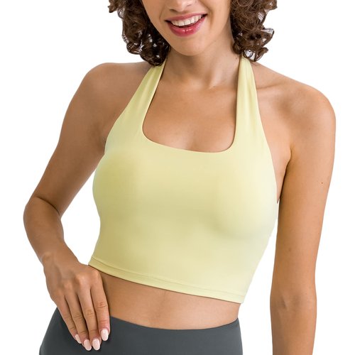Lemedy Halter Backless Crop Tank Top Wirefree Built in Shelf Sports Bra (Yellow Green, XL)