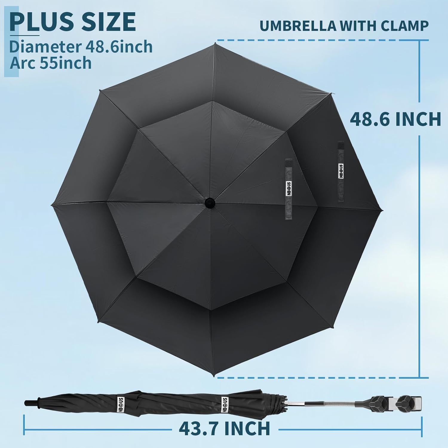 Skiennix 48.6" Double Canopy Umbrella - UPF50+ Beach Chair Umbrella with Clamp & 360° Adjustment | Black