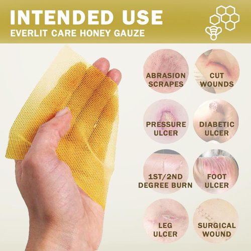 EVERLIT CARE Manuka Honey Dressing | Sterile Non-Adhesive Pads with Unadulterated Medical-Grade Honey | Advanced Healing for Burn, Chronic Wound, Donor Sites, Pressure & Diabetic Ulcer (4" Gauze)