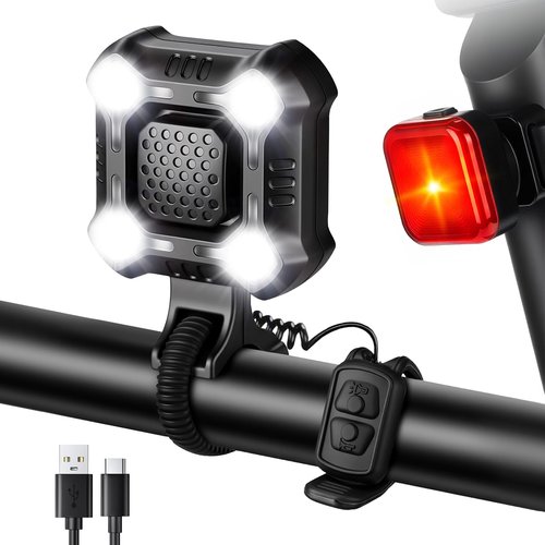 WSDCAM 140dB Bike Horn with Front and Rear Light, 2in1 Bicycle Bell Control Switch LED Light, Rechargeable Waterproof, 8+5 Modes Headlight and Tail Light Daily Commute, Adults Kids Bike Scooter Ebike