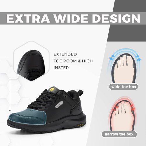 FitVille Men's Extra Wide Hiking Shoes Outdoor Walking Shoes Low-top Waterproof Work Shoes Soft Toe with Arch Support for Heel Pain Relief - Rugged Core Black
