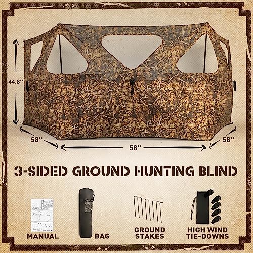 Lenotos 3-Panel Pop Up Ground Blind for Hunting - Dry Grass Camo, Easy Setup