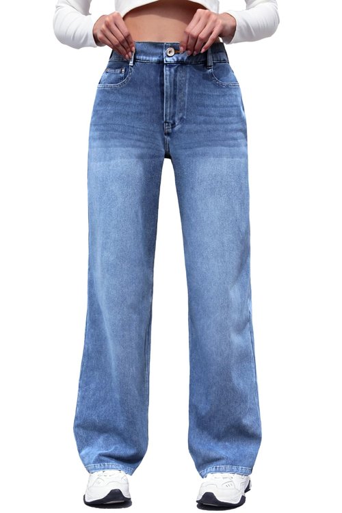 ELLEVEN High Waisted Straight Leg Sweatpant Jeans Woman High Stretchy Pull on Wide Leg Baggy Jeans High Waisted with Elastic Waist Blue Denim Medium