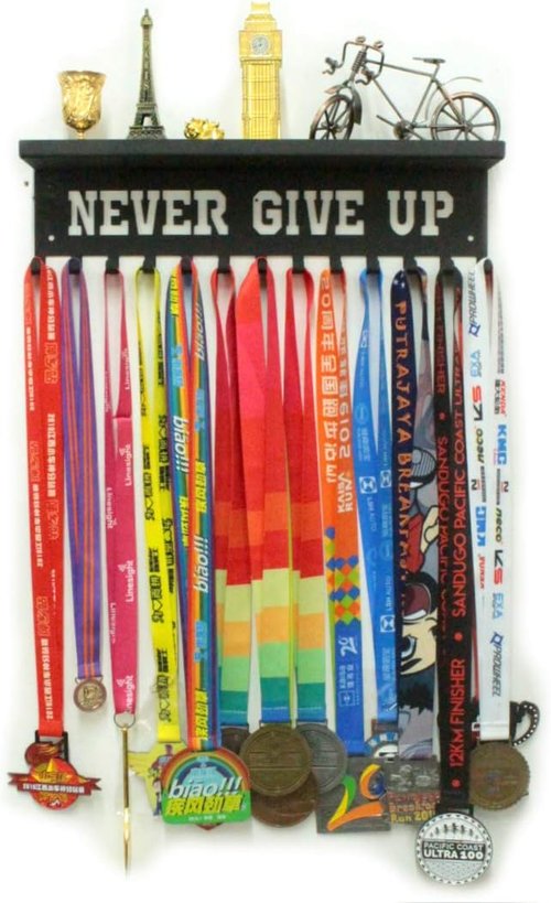 Never Give Up Medal Hanger Display - 3" Trophy Shelf with Hooks | Easy Install Wall Shelf (Black)