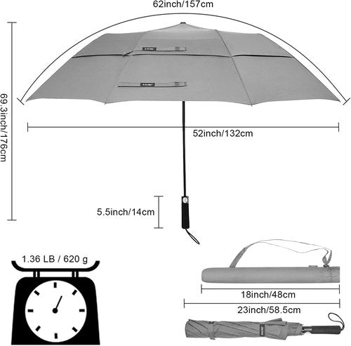 G4Free 62-Inch Portable Golf Umbrella - Large Oversized Double Canopy, Windproof & Waterproof (Gray)