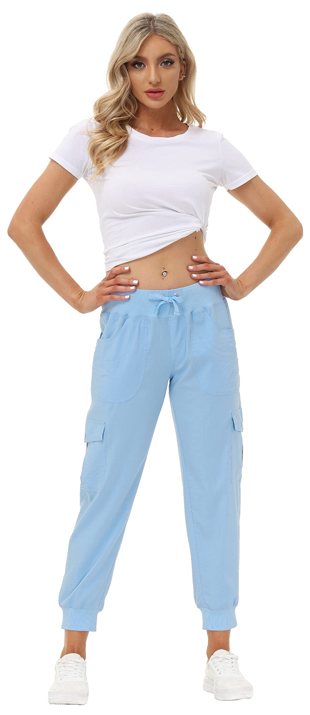 MoFiz Summer Cargo Pants for Womens Quick Dry Outdoor Casual Travel Lounge Hiking Pant Running Joggers Sweatpants with Pockets Wathet XS