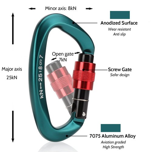 Locking Carabiner - 25kN 5600lb Climbing Carabiner Screw Gate D Shape Carabiner Green (Pack of 2)