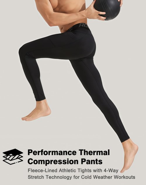 Roxdme Men Thermal Compression Pants Fleece Lined Tights Athletic Heated Leggings Cold Weather Baselayer Winter Gear Pockets Black