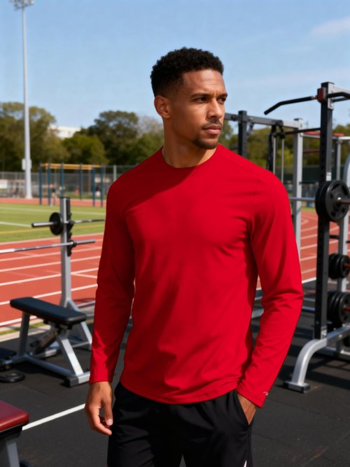 RGJU Long Sleeve Athletic Shirt Men Moisture Wicking Outdoor T-Shirt Dry Fit Running Tshirt Base Layer Tee Fitted(red,L)