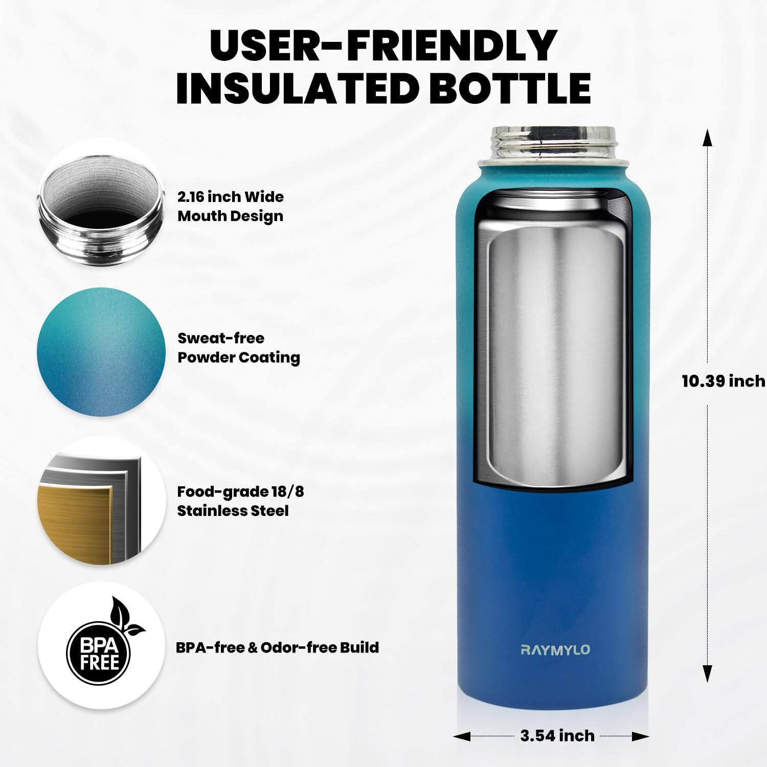 RAYMYLO Insulated Water Bottle - 40 oz Triple Wall Vacuum Stainless Steel | Keeps Drinks Cold for 36Hrs, Hot for 18Hrs