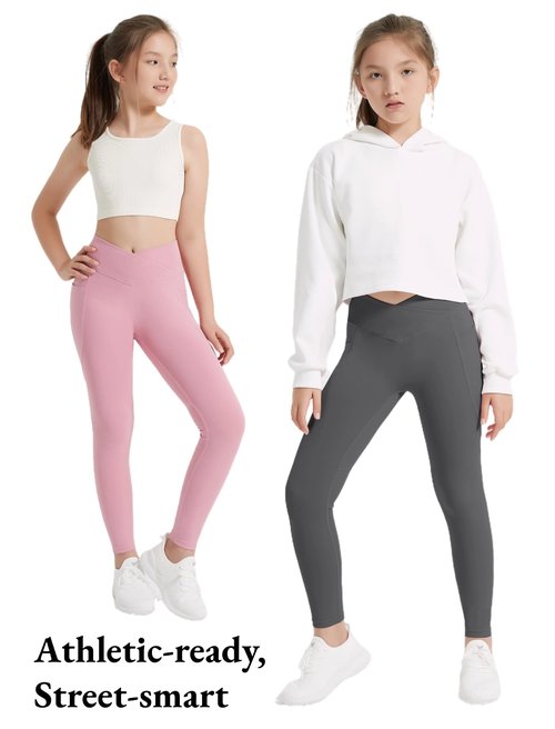 EXARUS 4 Pack Girls Leggings Kids Athletic Yoga Pants Crossover V Waist High Waisted with Pockets Compression for School Dance Black Grey Pink Hot Pink 10Y
