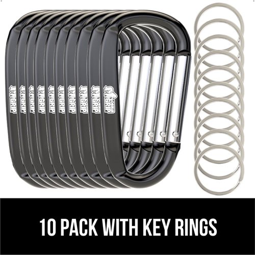 GORILLA GRIP Carabiner Clip, 3" D Ring, Pack of 10 Heavy Duty Aluminum Key Holder Clips Hold 170lbs, Rust, Scratch-Resistant Camping Essentials, Hiking Gear, Tactical Backpacking Keychains, Black