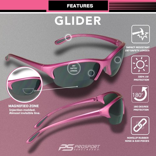 proSPORT Bifocal Sunglass Safety Reader Woman +2.00 Pink TR90 Frame Smoke Z87 Lens Lightweight Sport Sunglasses