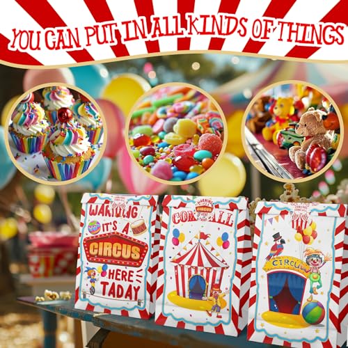 Circus Party Favor Bags - 24 Watercolor Carnival Gift Bags with Stickers