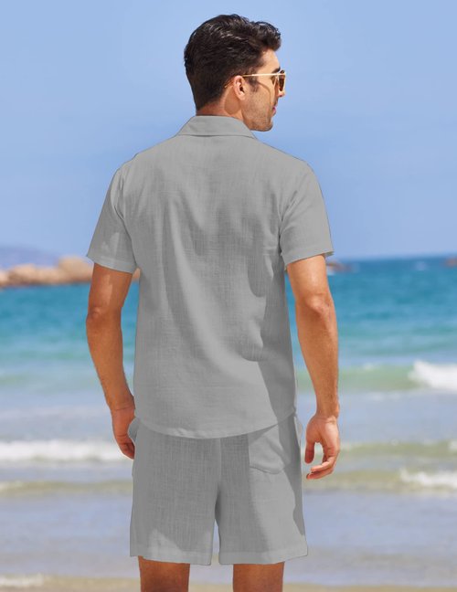 COOFANDY Men Linen Outfit Short Sleeve Beach Suit Slim Fit Lightweight Tracksuit